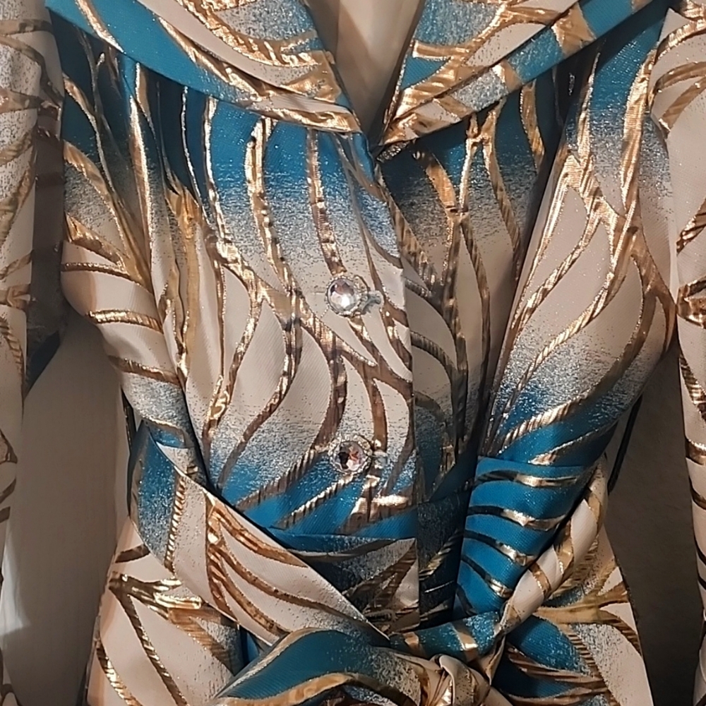 Elegant Blue and Gold Midi COAT - Picture 7 of 9